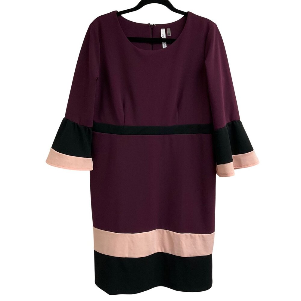 NY Collection Burgundy Colorblock Bell Sleeve Stretch Womens Large Sheath Dress - Picture 1 of 11